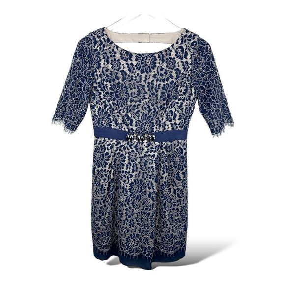 Eliza J | Navy Blue Fitted Lace-Overlay Dress Crystal Embellishment Open-Back 2P - Picture 1 of 14